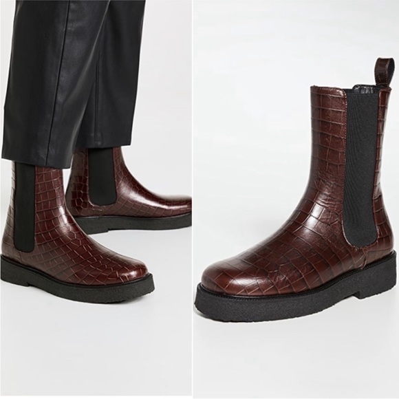 STAUD Palamino Maroon Croc-Embossed Chelsea Boots - Picture 1 of 9